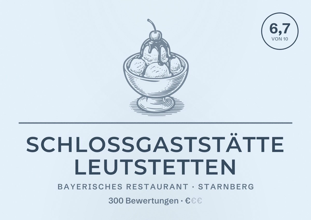 Illustriertes Poster von Schloßgaststätte Leutstetten, Bayerisches Restaurant in Starnberg: Bewertung 6,7 von 10 aus 300 Bewertungen, Preisniveau €