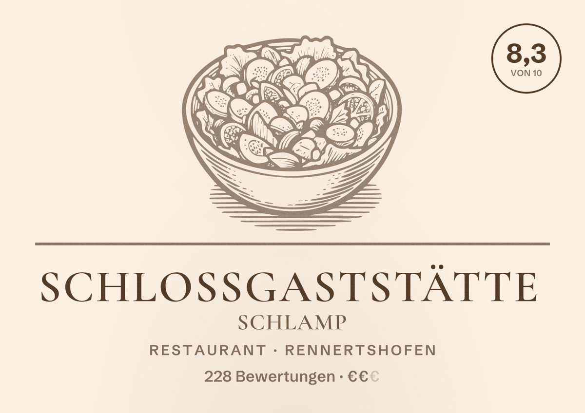 Illustriertes Poster von Schloßgaststätte Schlamp, Restaurant in Rennertshofen: Bewertung 8,3 von 10 aus 228 Bewertungen, Preisniveau €€