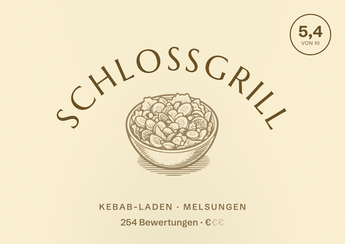Illustriertes Poster von Schlossgrill, Kebab-Laden in Melsungen: Bewertung 5,4 von 10 aus 254 Bewertungen, Preisniveau €