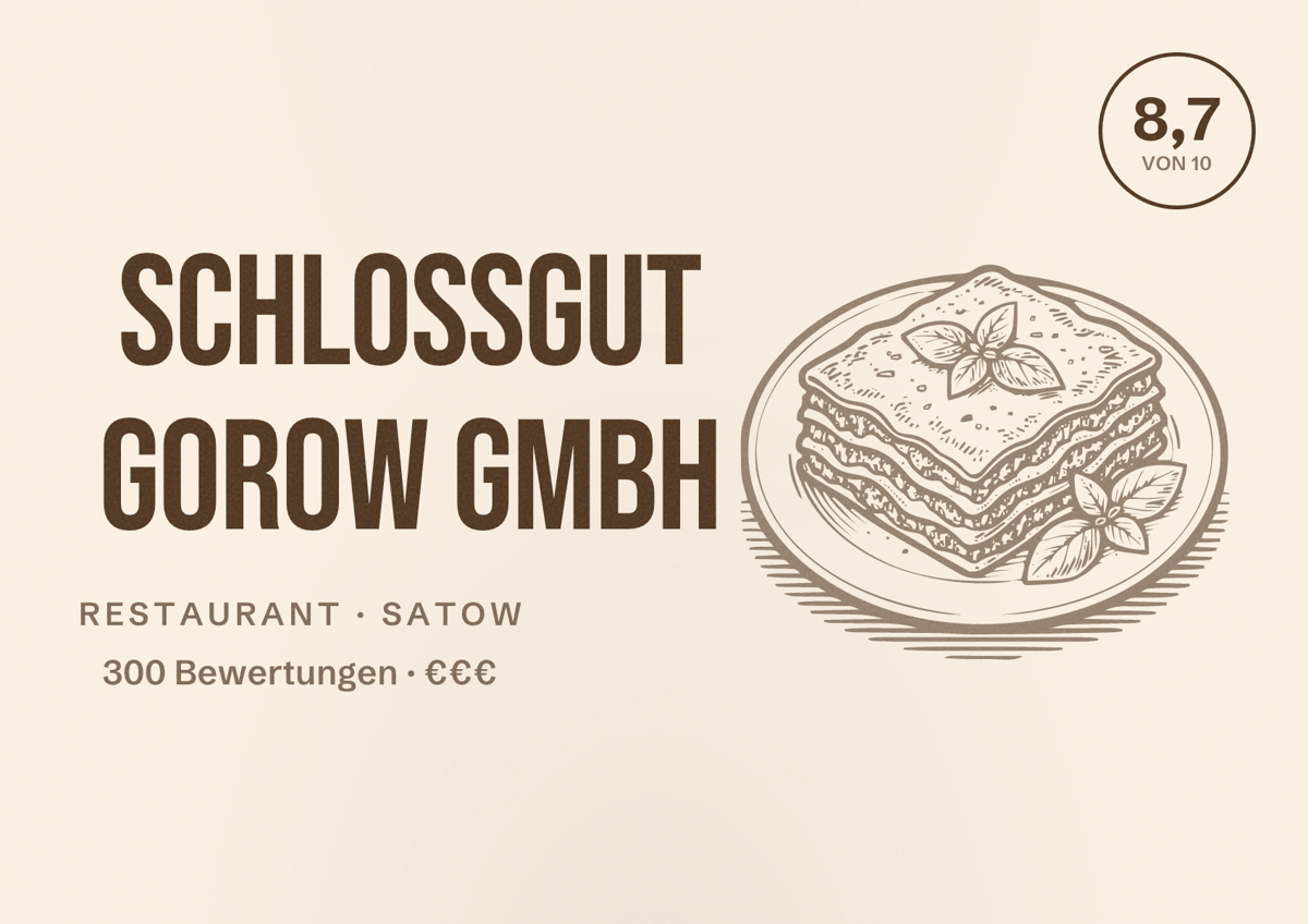 Illustriertes Poster von Schlossgut Gorow GmbH, Restaurant in Satow: Bewertung 8,7 von 10 aus 300 Bewertungen, Preisniveau €€€