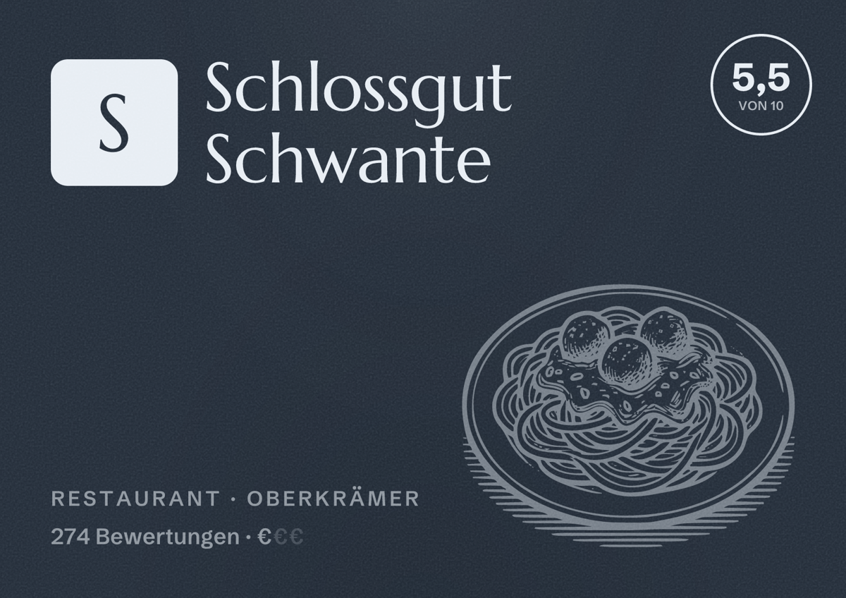Illustriertes Poster von Schlossgut Schwante, Restaurant in Oberkrämer: Bewertung 5,5 von 10 aus 274 Bewertungen, Preisniveau €