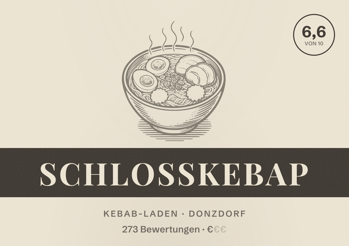 Illustriertes Poster von Schlosskebap, Kebab-Laden in Donzdorf: Bewertung 6,6 von 10 aus 273 Bewertungen, Preisniveau €
