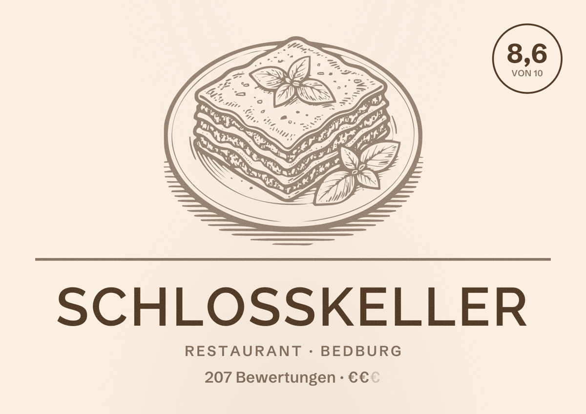 Illustriertes Poster von Schlosskeller, Restaurant in Bedburg: Bewertung 8,6 von 10 aus 207 Bewertungen, Preisniveau €€