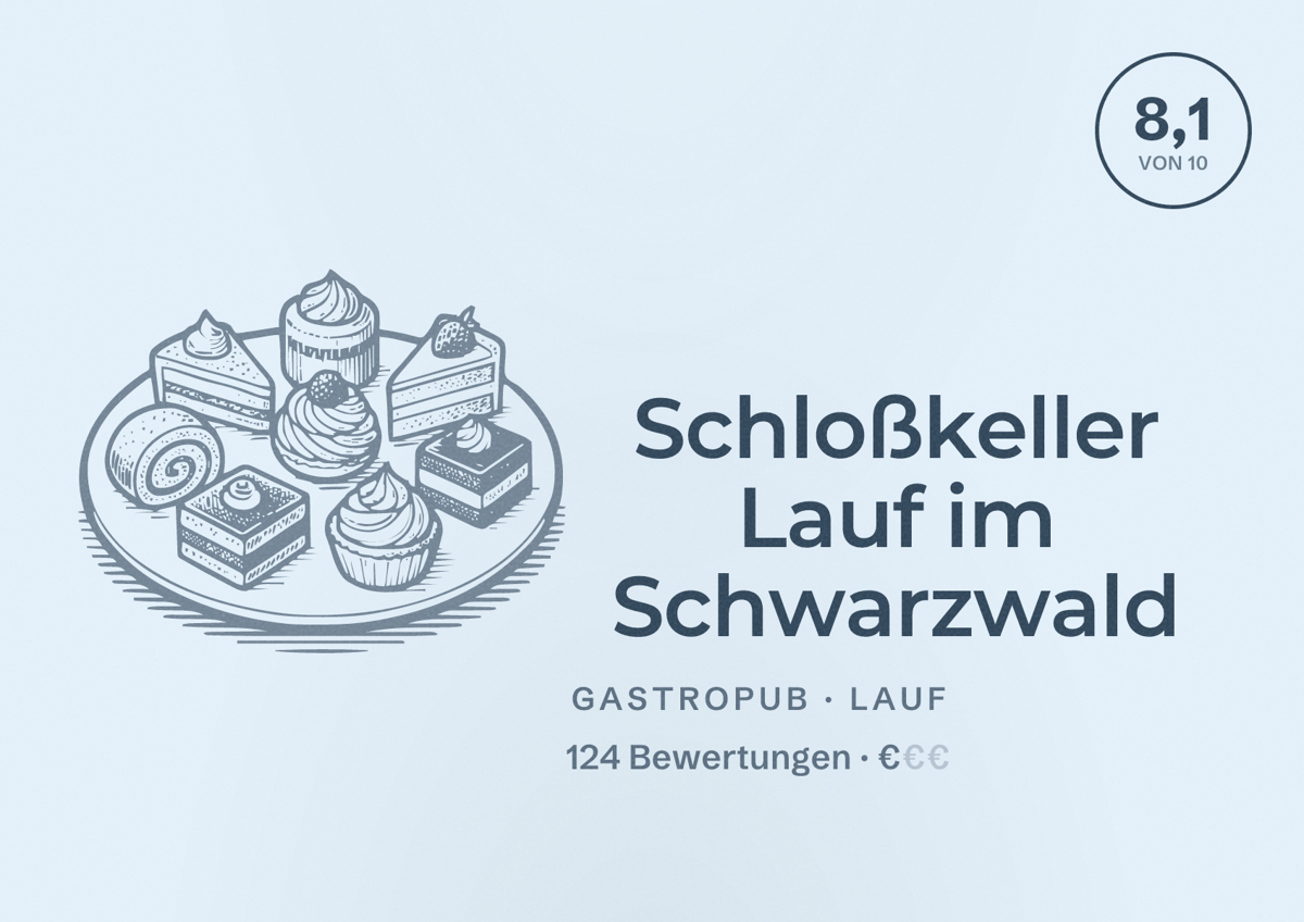 Illustriertes Poster von Schloßkeller Lauf im Schwarzwald, Gastropub in Lauf: Bewertung 8,1 von 10 aus 124 Bewertungen, Preisniveau €