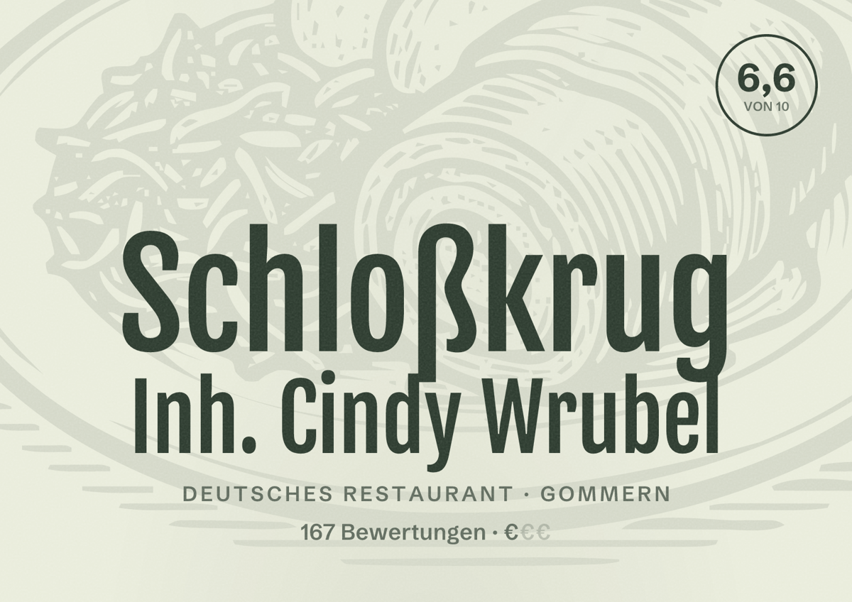 Illustriertes Poster von Schloßkrug Inh. Cindy Wrubel, Deutsches Restaurant in Gommern: Bewertung 6,6 von 10 aus 167 Bewertungen, Preisniveau €