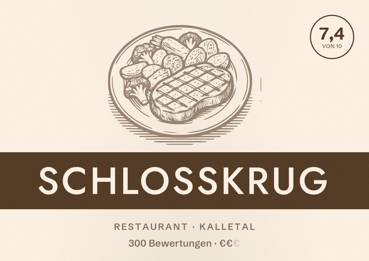 Illustriertes Poster von Schlosskrug, Restaurant in Kalletal: Bewertung 7,4 von 10 aus 300 Bewertungen, Preisniveau €€