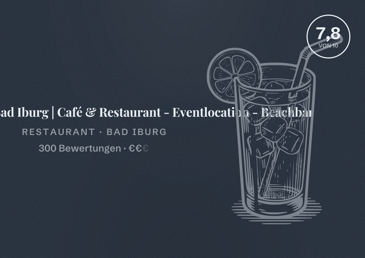 Illustriertes Poster von Schloßmühle Bad Iburg | Café & Restaurant - Eventlocation - Beachbar, Restaurant in Bad Iburg: Bewertung 7,8 von 10 aus 300 Bewertungen, Preisniveau €€