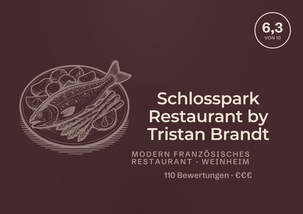 Illustriertes Poster von Schlosspark Restaurant by Tristan Brandt, Modern französisches Restaurant in Weinheim: Bewertung 6,3 von 10 aus 110 Bewertungen, Preisniveau €€€