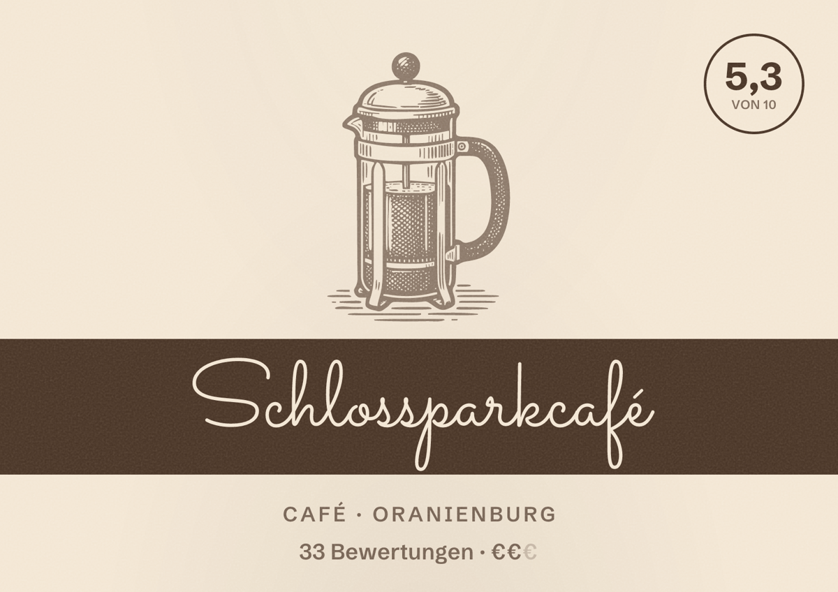 Illustriertes Poster von Schlossparkcafé, Café in Oranienburg: Bewertung 5,3 von 10 aus 33 Bewertungen, Preisniveau €€