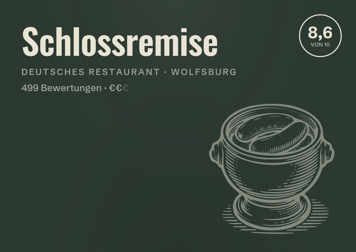 Illustriertes Poster von Schlossremise, Deutsches Restaurant in Wolfsburg: Bewertung 8,6 von 10 aus 499 Bewertungen, Preisniveau €€