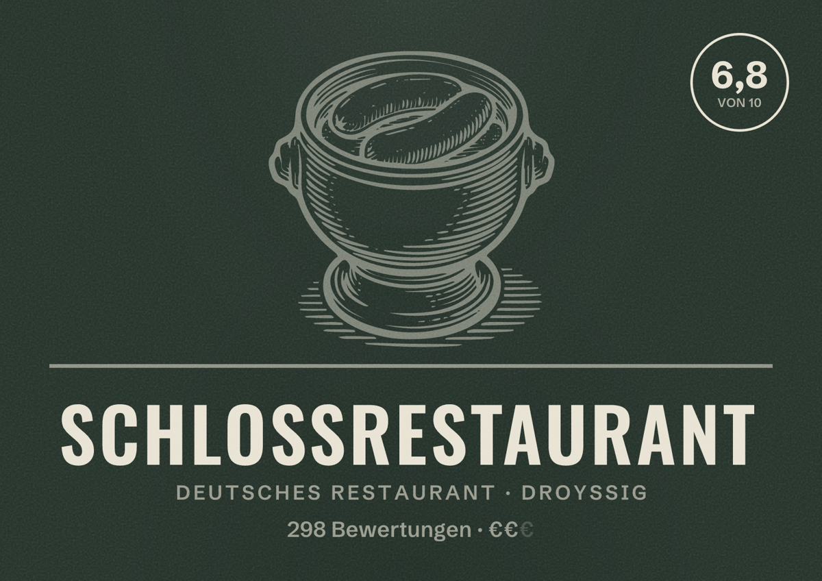 Illustriertes Poster von Schlossrestaurant, Deutsches Restaurant in Droyßig: Bewertung 6,8 von 10 aus 298 Bewertungen, Preisniveau €€