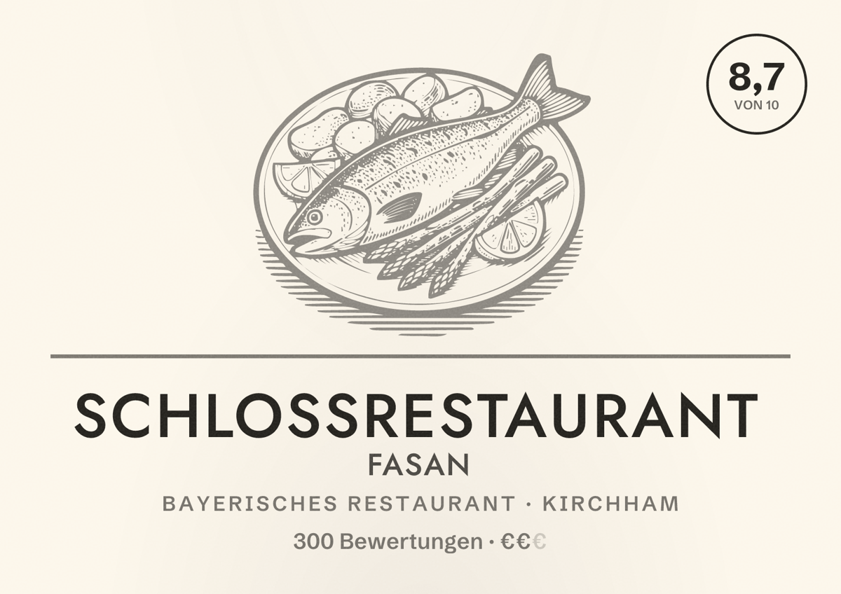 Illustriertes Poster von Schlossrestaurant Fasan, Bayerisches Restaurant in Kirchham: Bewertung 8,7 von 10 aus 300 Bewertungen, Preisniveau €€