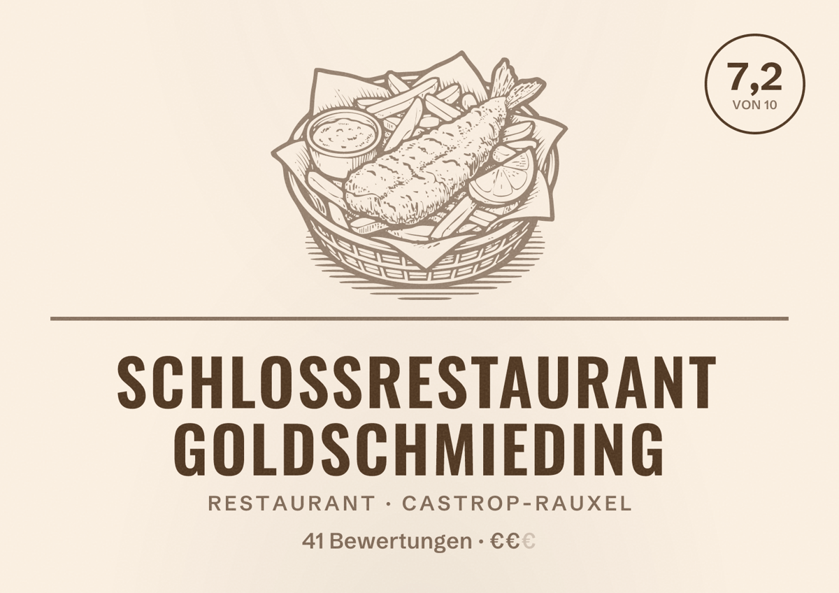 Illustriertes Poster von Schlossrestaurant Goldschmieding, Restaurant in Castrop-Rauxel: Bewertung 7,2 von 10 aus 41 Bewertungen, Preisniveau €€