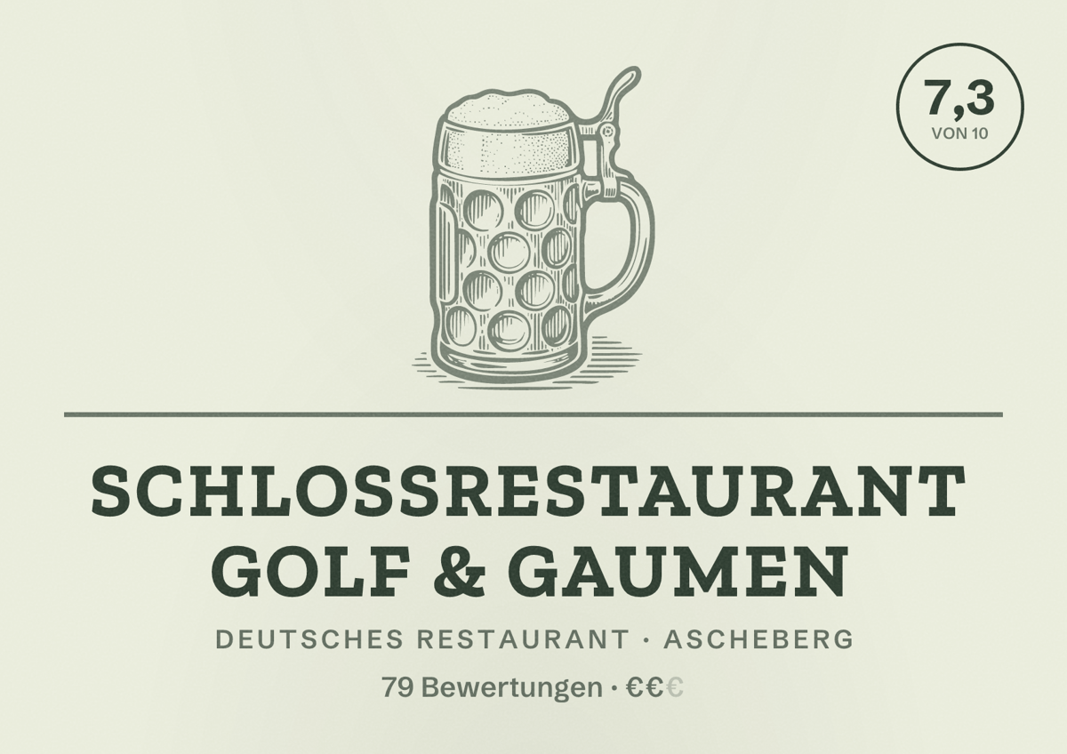 Illustriertes Poster von Schlossrestaurant Golf & Gaumen, Deutsches Restaurant in Ascheberg: Bewertung 7,3 von 10 aus 79 Bewertungen, Preisniveau €€