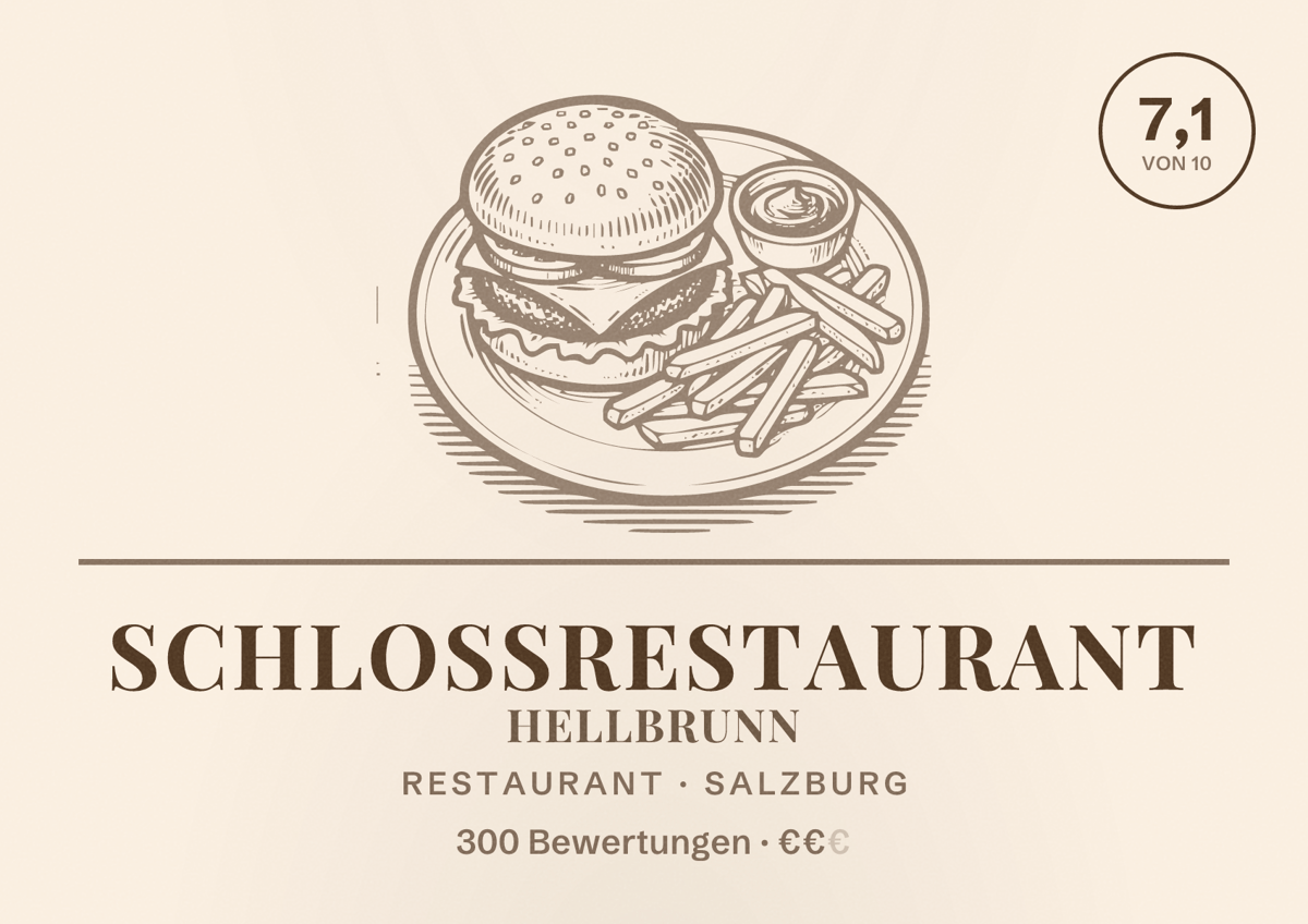 Illustriertes Poster von Schlossrestaurant Hellbrunn, Restaurant in Salzburg: Bewertung 7,1 von 10 aus 300 Bewertungen, Preisniveau €€