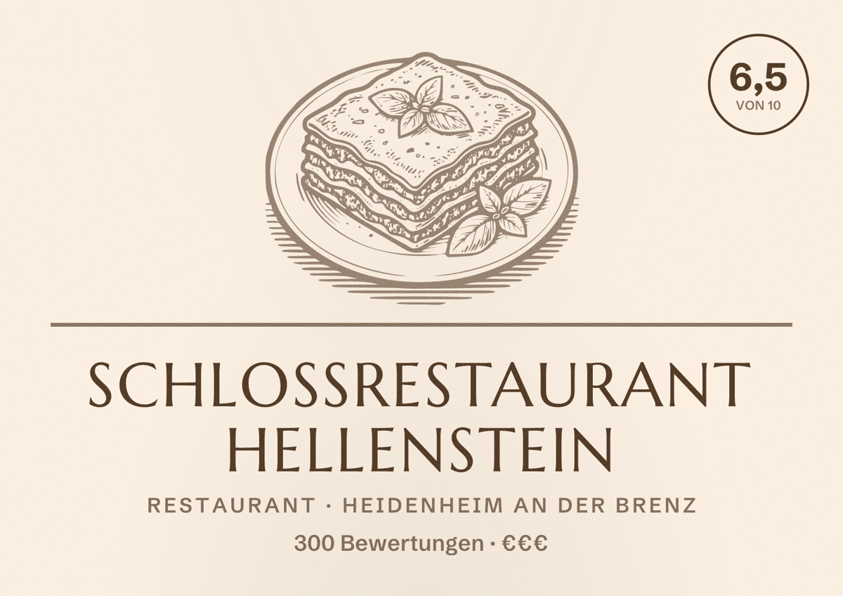 Illustriertes Poster von Schlossrestaurant Hellenstein, Restaurant in Heidenheim an der Brenz: Bewertung 6,5 von 10 aus 300 Bewertungen, Preisniveau €€€