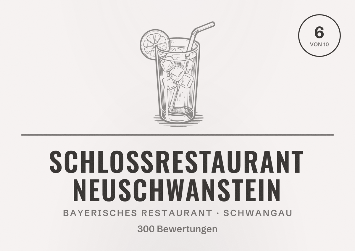 Illustriertes Poster von Schlossrestaurant Neuschwanstein, Bayerisches Restaurant in Schwangau: Bewertung 6 von 10 aus 300 Bewertungen