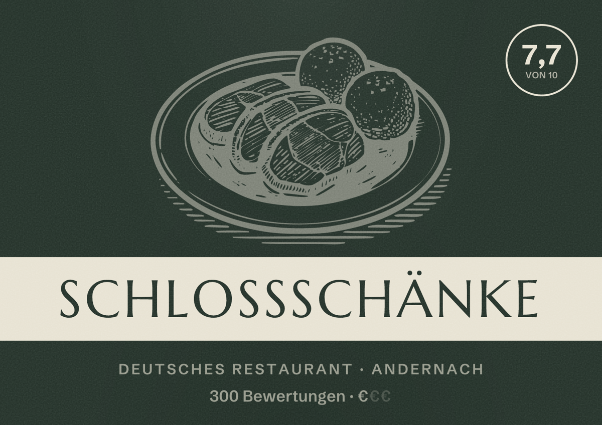 Illustriertes Poster von Schloßschänke, Deutsches Restaurant in Andernach: Bewertung 7,7 von 10 aus 300 Bewertungen, Preisniveau €