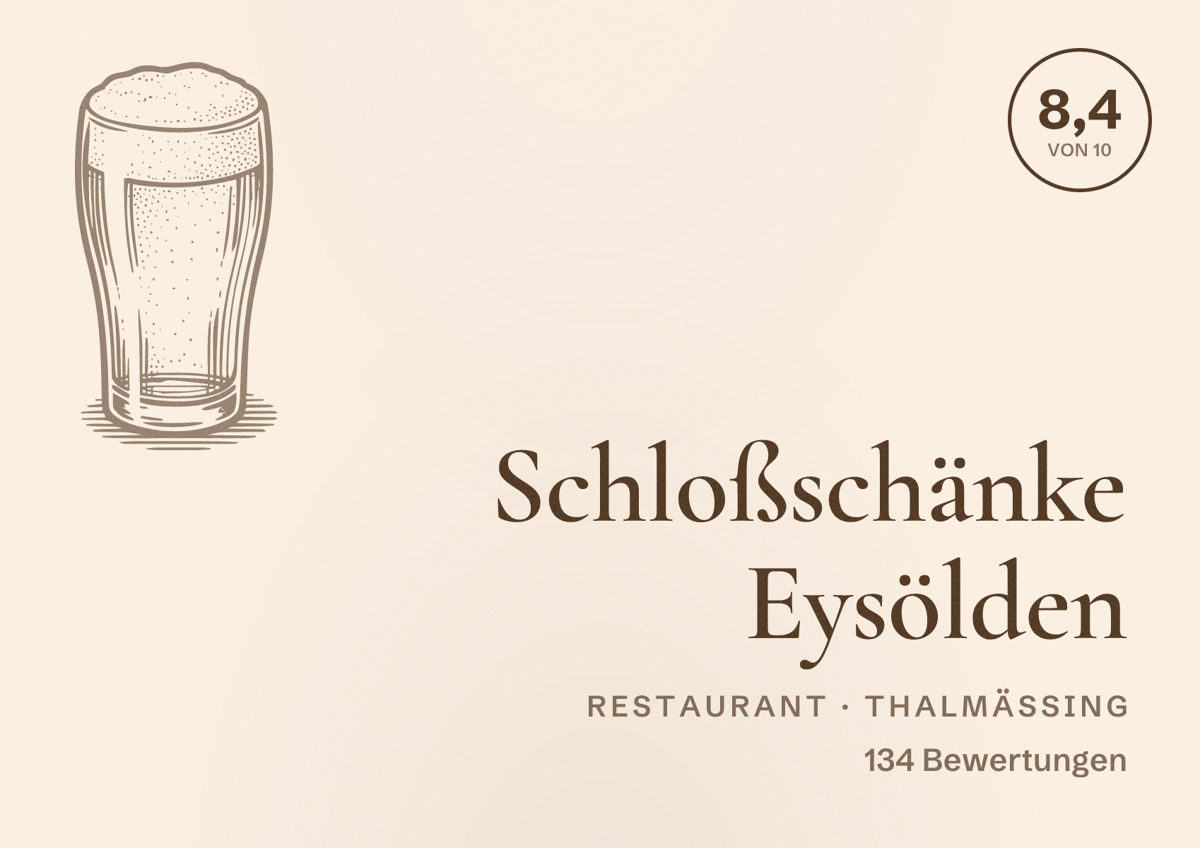Illustriertes Poster von Schloßschänke Eysölden, Restaurant in Thalmässing: Bewertung 8,4 von 10 aus 134 Bewertungen
