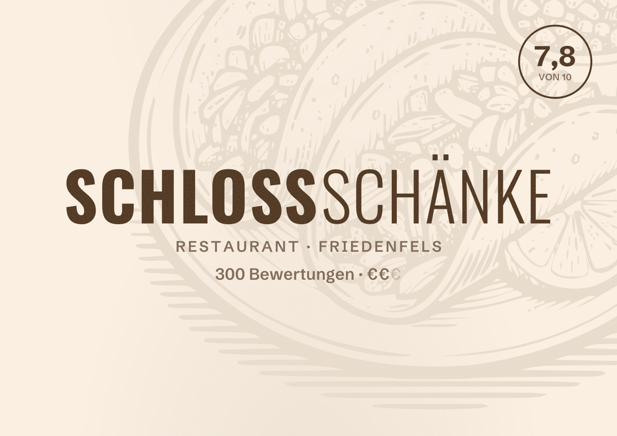 Illustriertes Poster von Schloßschänke, Restaurant in Friedenfels: Bewertung 7,8 von 10 aus 300 Bewertungen, Preisniveau €€