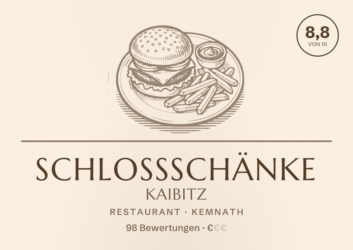 Illustriertes Poster von Schlossschänke Kaibitz, Restaurant in Kemnath: Bewertung 8,8 von 10 aus 98 Bewertungen, Preisniveau €