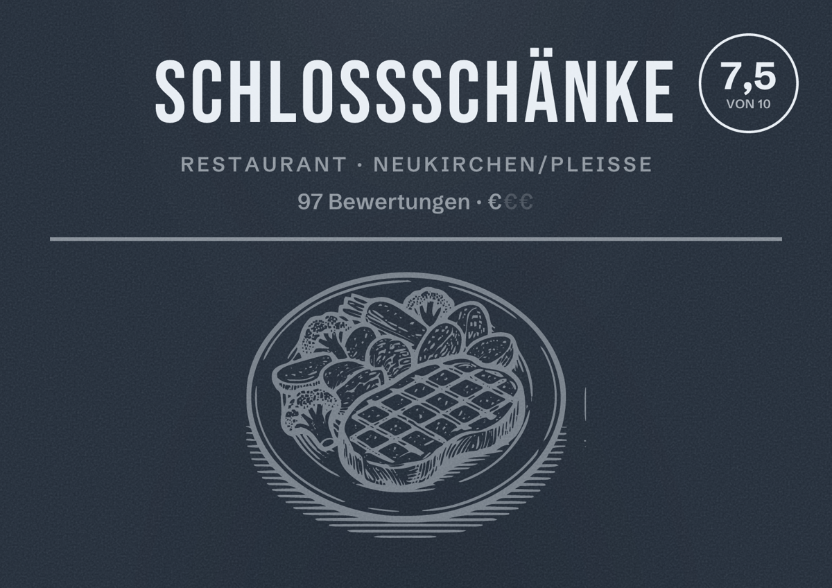 Illustriertes Poster von Schloßschänke, Restaurant in Neukirchen/Pleiße: Bewertung 7,5 von 10 aus 97 Bewertungen, Preisniveau €