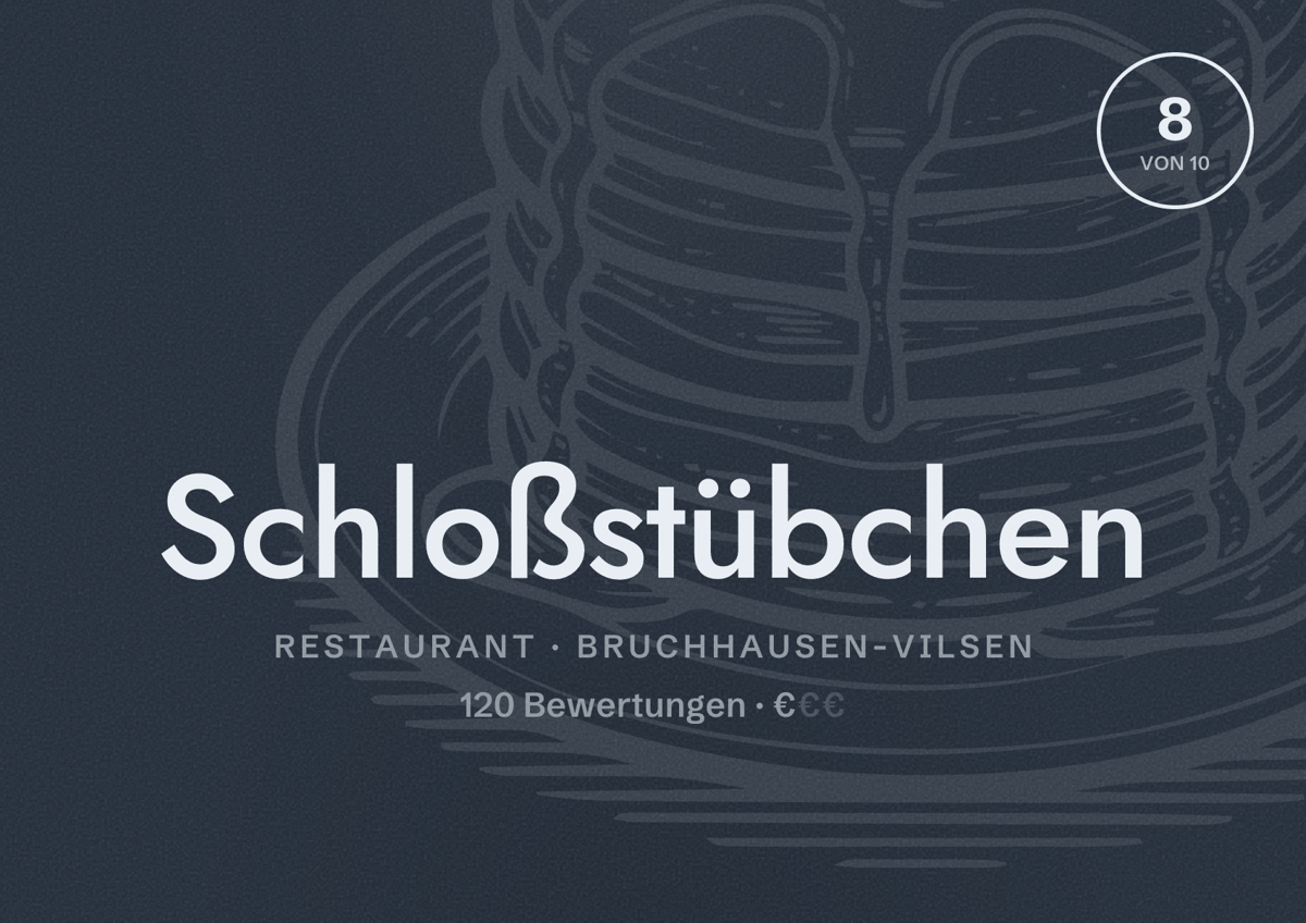 Illustriertes Poster von Schloßstübchen, Restaurant in Bruchhausen-Vilsen: Bewertung 8 von 10 aus 120 Bewertungen, Preisniveau €