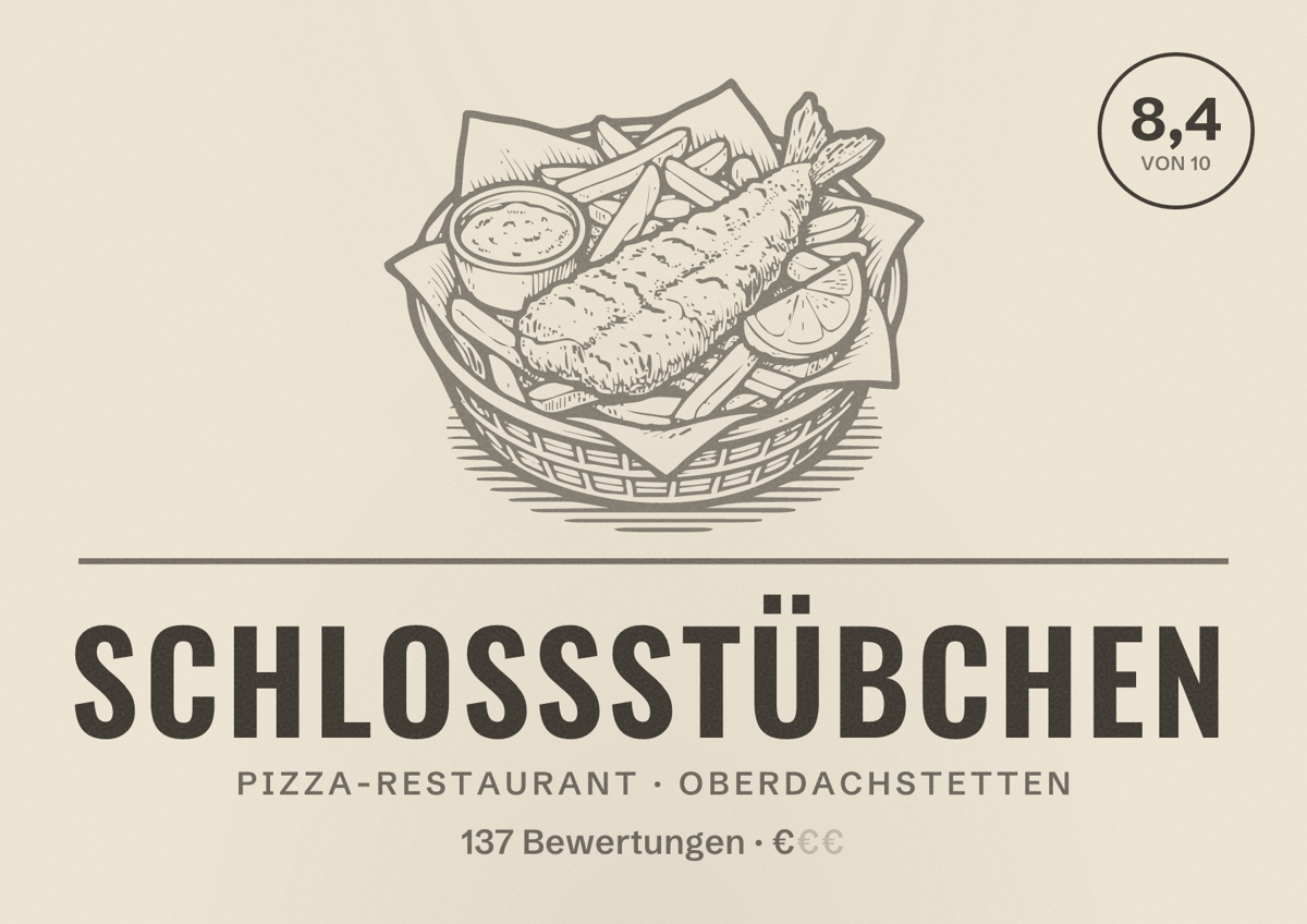 Illustriertes Poster von Schloßstübchen, Pizza-Restaurant in Oberdachstetten: Bewertung 8,4 von 10 aus 137 Bewertungen, Preisniveau €