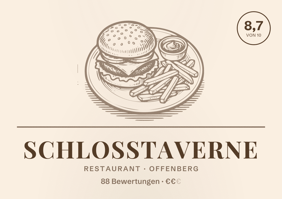 Illustriertes Poster von Schlosstaverne, Restaurant in Offenberg: Bewertung 8,7 von 10 aus 88 Bewertungen, Preisniveau €€