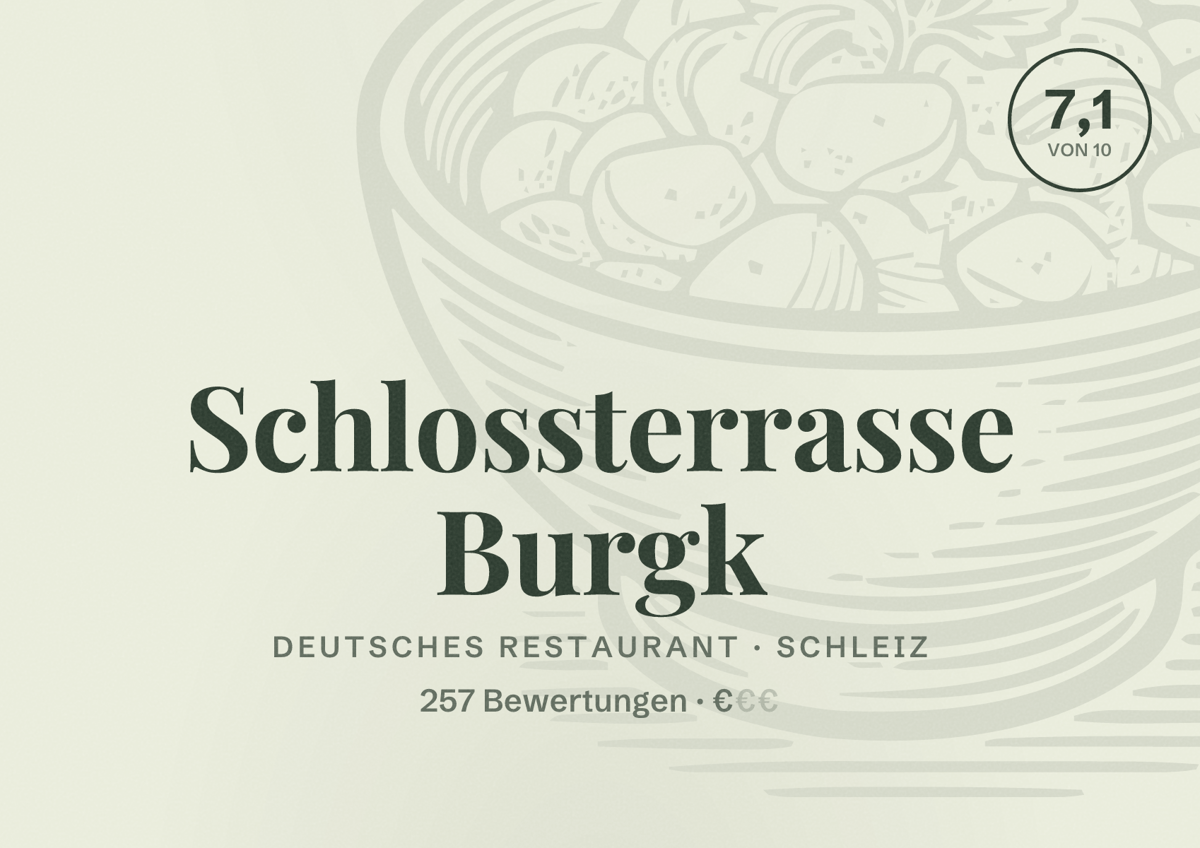 Illustriertes Poster von Schlossterrasse Burgk, Deutsches Restaurant in Schleiz: Bewertung 7,1 von 10 aus 257 Bewertungen, Preisniveau €
