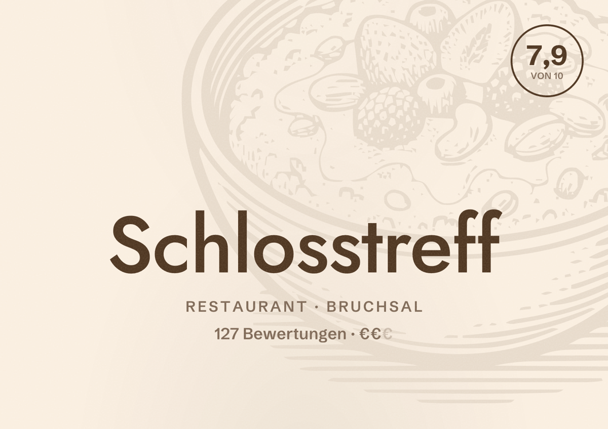 Illustriertes Poster von Schlosstreff, Restaurant in Bruchsal: Bewertung 7,9 von 10 aus 127 Bewertungen, Preisniveau €€