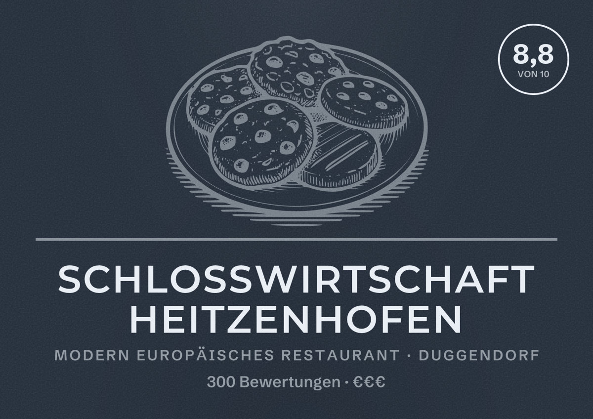 Illustriertes Poster von Schlosswirtschaft Heitzenhofen, Modern europäisches Restaurant in Duggendorf: Bewertung 8,8 von 10 aus 300 Bewertungen, Preisniveau €€€