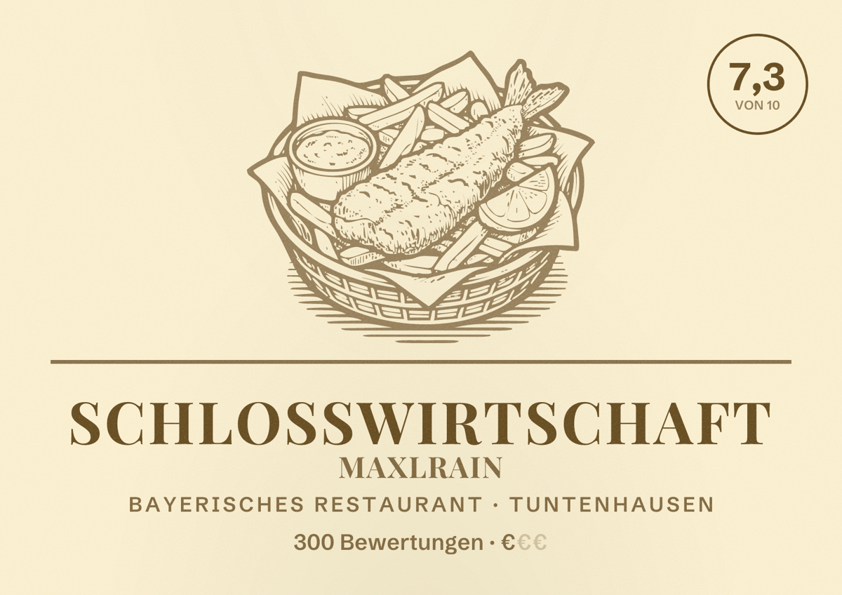 Illustriertes Poster von Schlosswirtschaft Maxlrain, Bayerisches Restaurant in Tuntenhausen: Bewertung 7,3 von 10 aus 300 Bewertungen, Preisniveau €