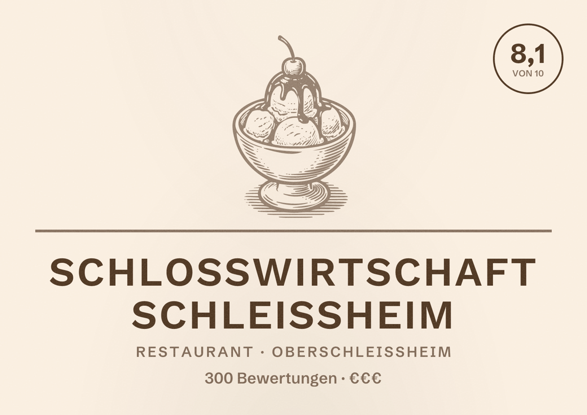 Illustriertes Poster von Schlosswirtschaft Schleissheim, Restaurant in Oberschleißheim: Bewertung 8,1 von 10 aus 300 Bewertungen, Preisniveau €€€