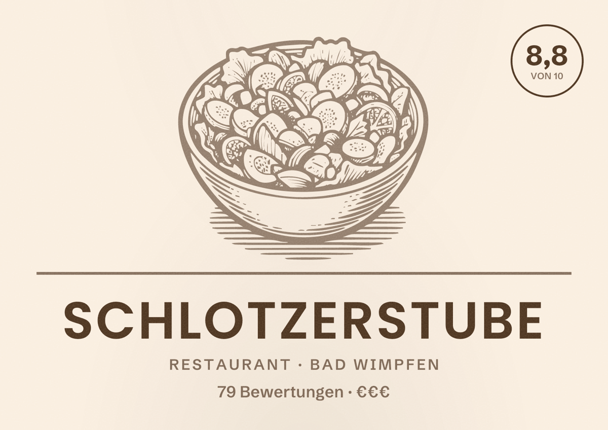 Illustriertes Poster von Schlotzerstube, Restaurant in Bad Wimpfen: Bewertung 8,8 von 10 aus 79 Bewertungen, Preisniveau €€€