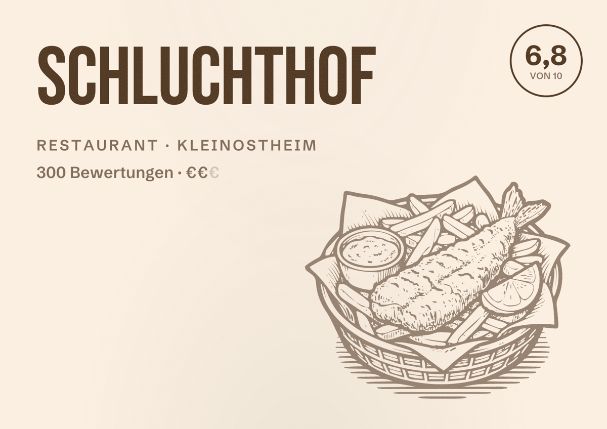 Illustriertes Poster von Schluchthof, Restaurant in Kleinostheim: Bewertung 6,8 von 10 aus 300 Bewertungen, Preisniveau €€