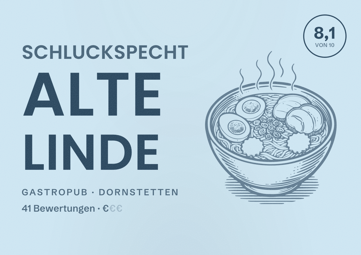 Illustriertes Poster von Schluckspecht Alte Linde, Gastropub in Dornstetten: Bewertung 8,1 von 10 aus 41 Bewertungen, Preisniveau €