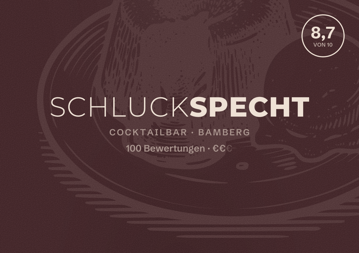 Illustriertes Poster von Schluckspecht, Cocktailbar in Bamberg: Bewertung 8,7 von 10 aus 100 Bewertungen, Preisniveau €€
