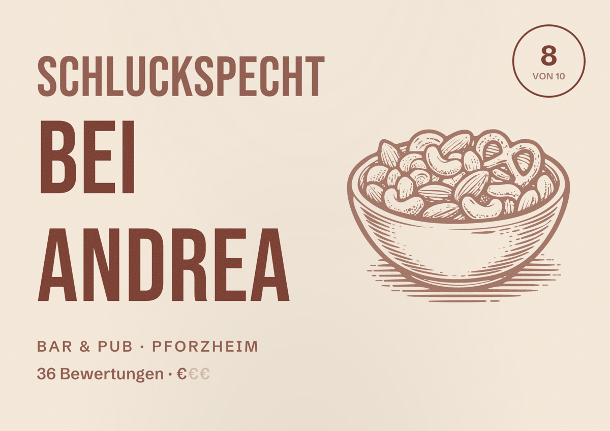 Illustriertes Poster von Schluckspecht bei Andrea, Bar & Pub in Pforzheim: Bewertung 8 von 10 aus 36 Bewertungen, Preisniveau €