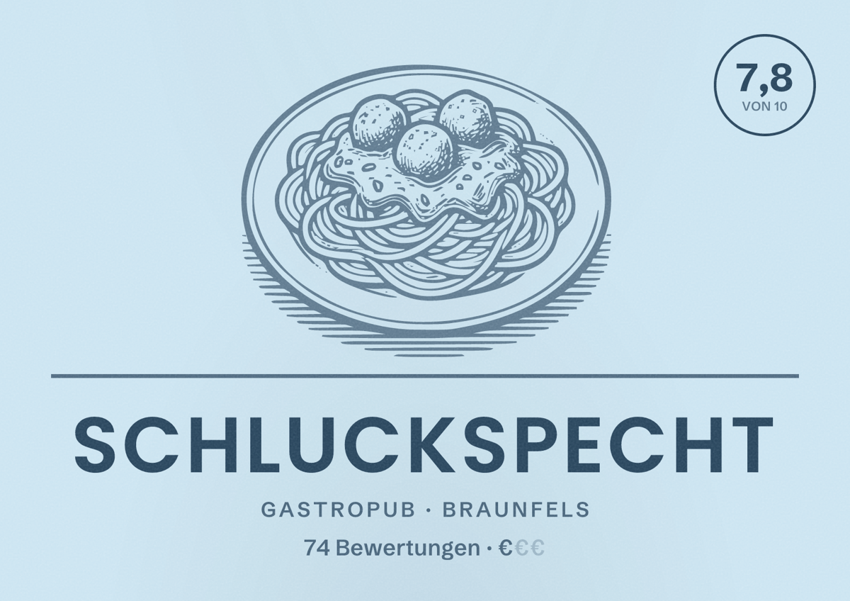 Illustriertes Poster von Schluckspecht, Gastropub in Braunfels: Bewertung 7,8 von 10 aus 74 Bewertungen, Preisniveau €