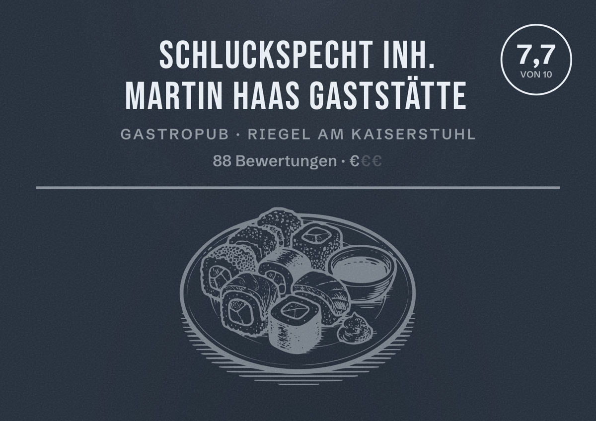 Illustriertes Poster von Schluckspecht Inh. Martin Haas Gaststätte, Gastropub in Riegel am Kaiserstuhl: Bewertung 7,7 von 10 aus 88 Bewertungen, Preisniveau €