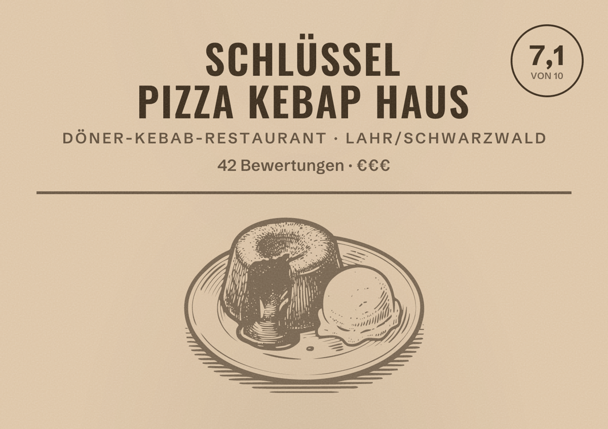 Illustriertes Poster von Schlüssel Pizza Kebap Haus, Döner-Kebab-Restaurant in Lahr/Schwarzwald: Bewertung 7,1 von 10 aus 42 Bewertungen, Preisniveau €€€