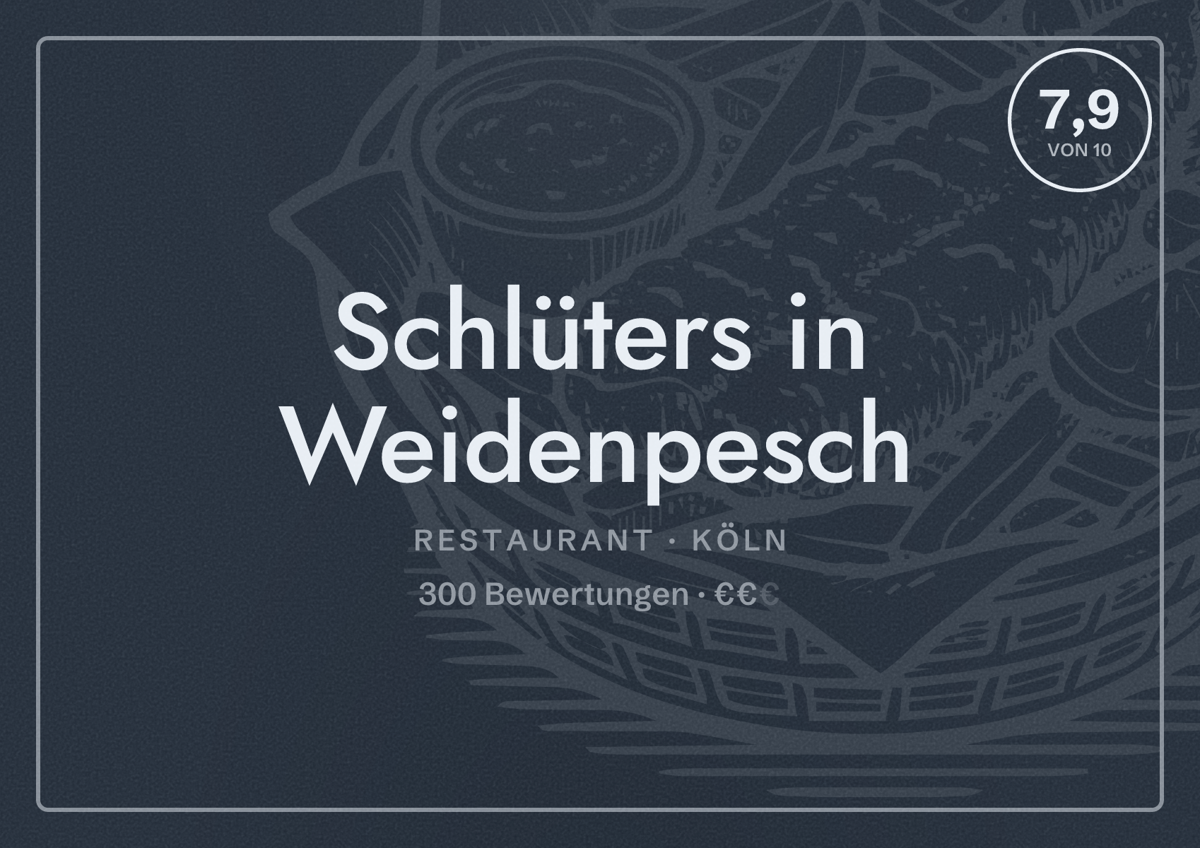 Illustriertes Poster von Schlüters in Weidenpesch, Restaurant in Köln: Bewertung 7,9 von 10 aus 300 Bewertungen, Preisniveau €€