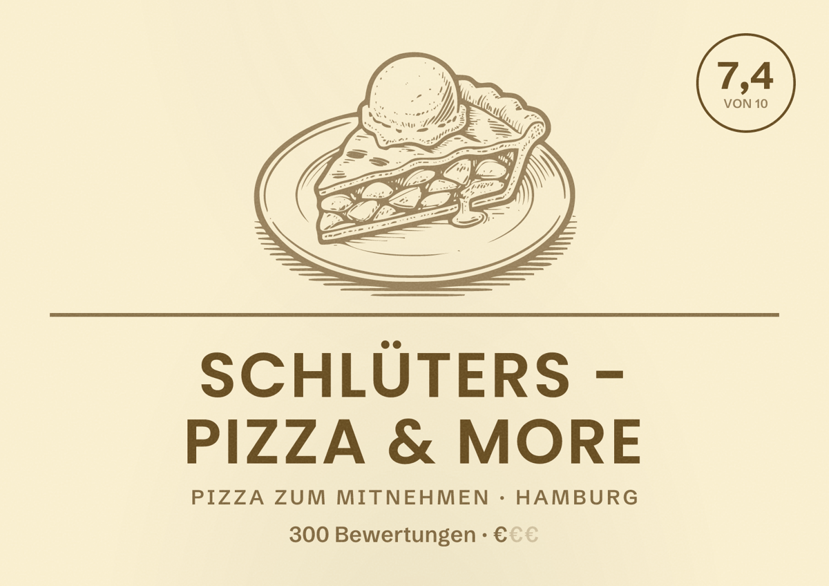 Illustriertes Poster von Schlüters - Pizza & More, Pizza zum Mitnehmen in Hamburg: Bewertung 7,4 von 10 aus 300 Bewertungen, Preisniveau €