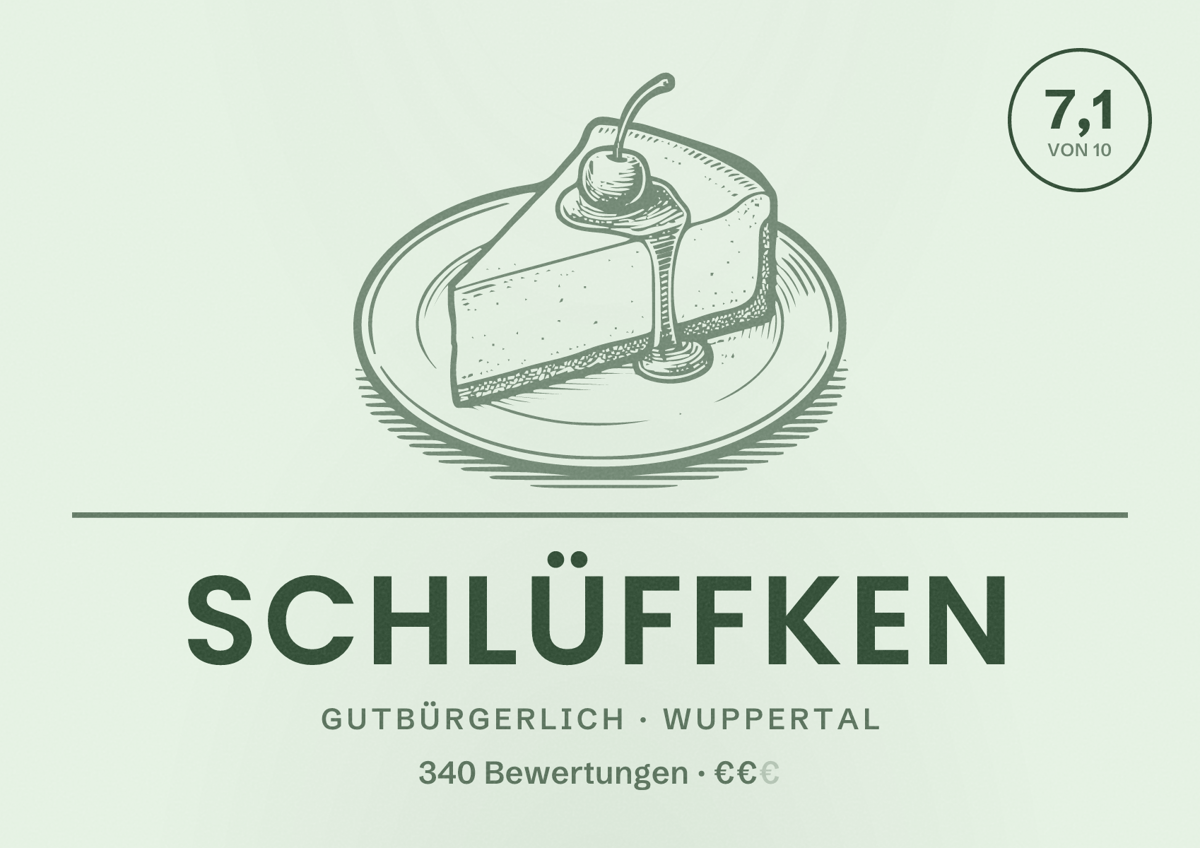 Illustriertes Poster von Schlüffken, Gutbürgerlich in Wuppertal: Gästebewertung 7,1 von 10 aus 340 Bewertungen