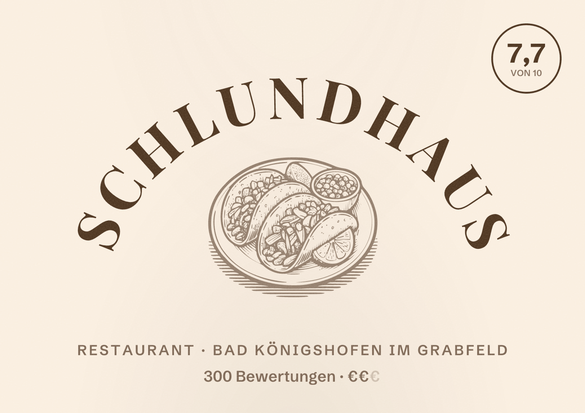 Illustriertes Poster von Schlundhaus, Restaurant in Bad Königshofen im Grabfeld: Bewertung 7,7 von 10 aus 300 Bewertungen, Preisniveau €€