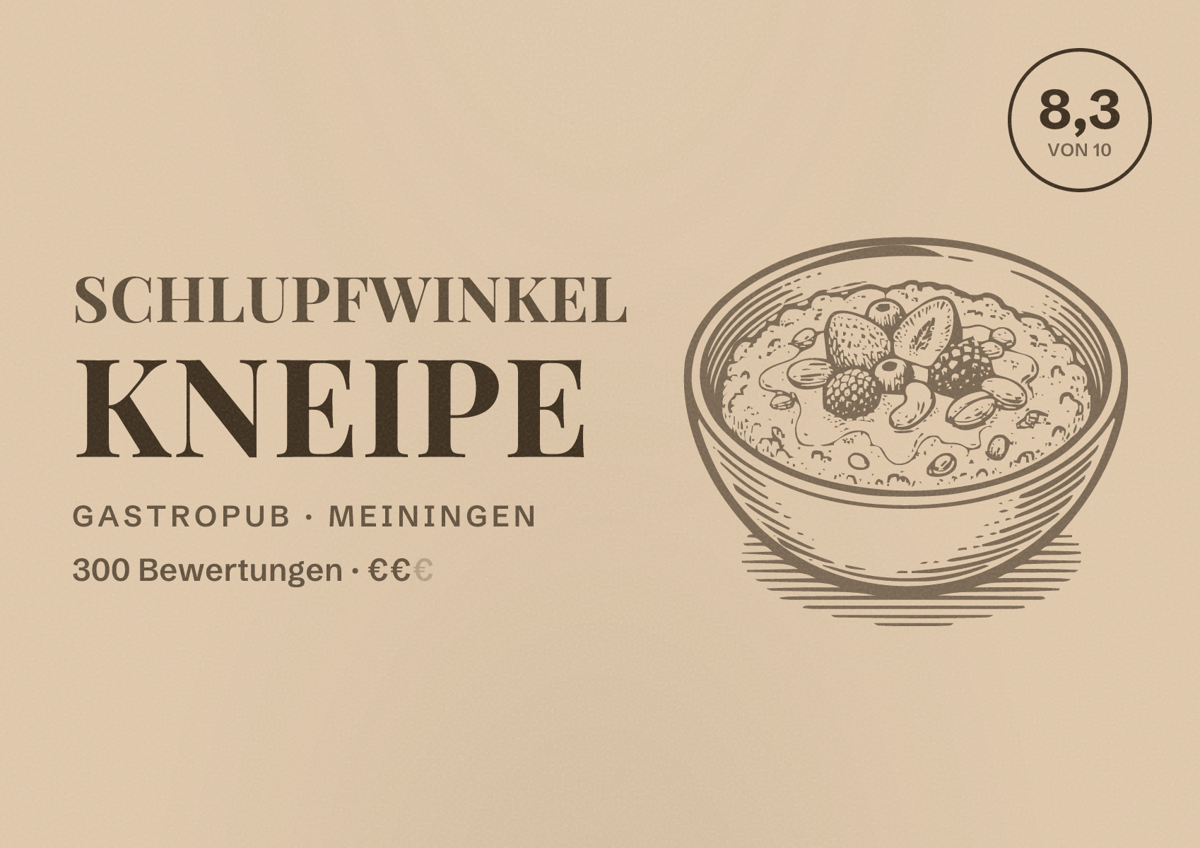 Illustriertes Poster von Schlupfwinkel Kneipe, Gastropub in Meiningen: Bewertung 8,3 von 10 aus 300 Bewertungen, Preisniveau €€