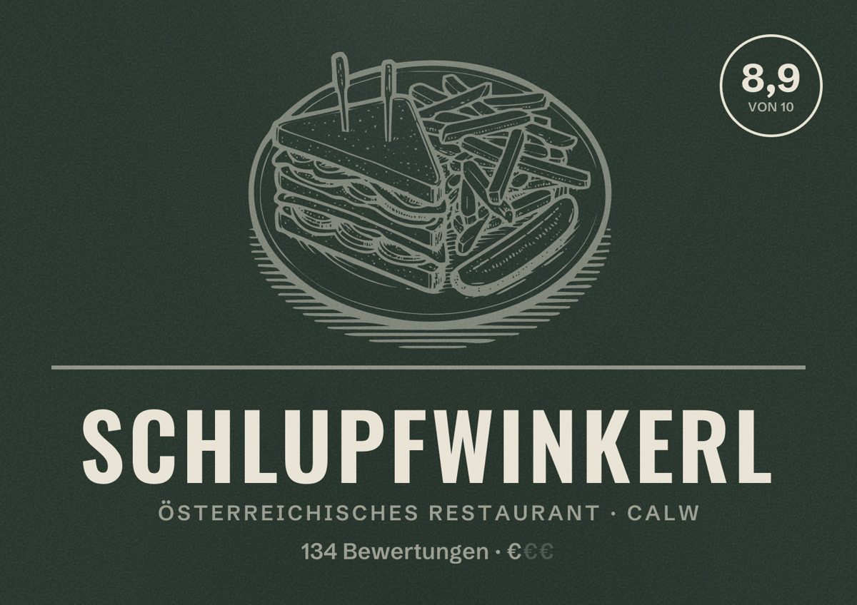 Illustriertes Poster von Schlupfwinkerl, Österreichisches Restaurant in Calw: Bewertung 8,9 von 10 aus 134 Bewertungen, Preisniveau €