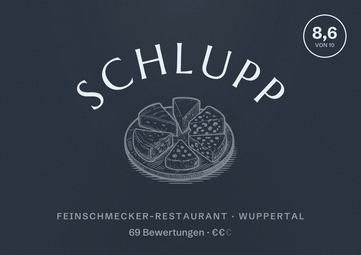 Illustriertes Poster von Schlupp, Feinschmecker-Restaurant in Wuppertal: Bewertung 8,6 von 10 aus 69 Bewertungen, Preisniveau €€