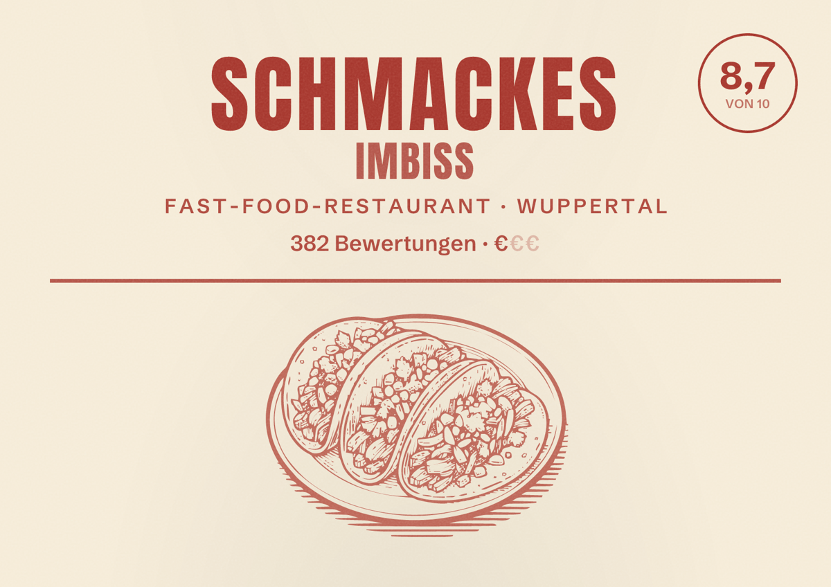 Illustriertes Poster von Schmackes Imbiss, Fast-Food-Restaurant in Wuppertal: Bewertung 8,7 von 10 aus 382 Bewertungen, Preisniveau €